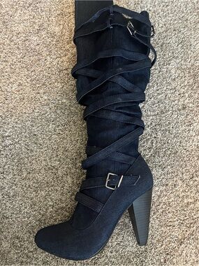 Fahrenheit denim Wrap-Strap Stacked Heel Knee Boot